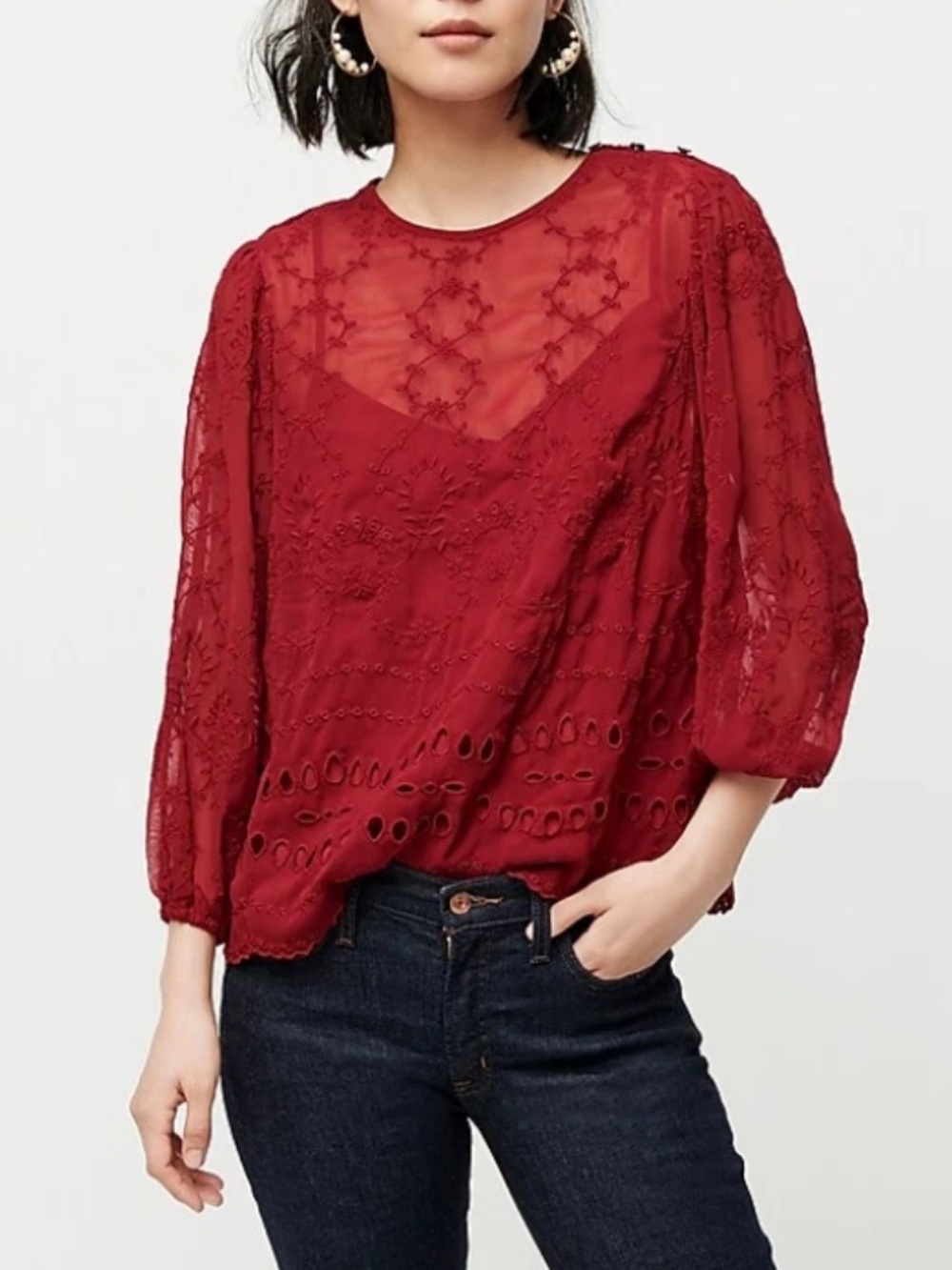 J. Crew โ Bright Ruby Mixed Embroidery Blouse